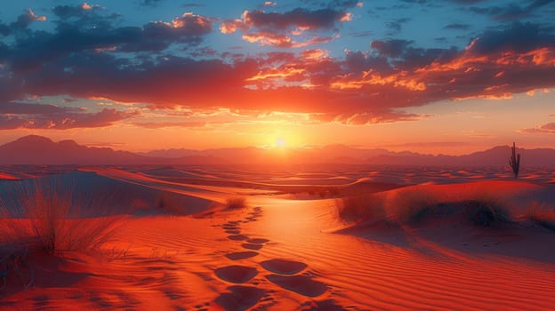 The captivating desert sunset beautifully showcases vibrant colors while highlighting the tranquil sand dunes