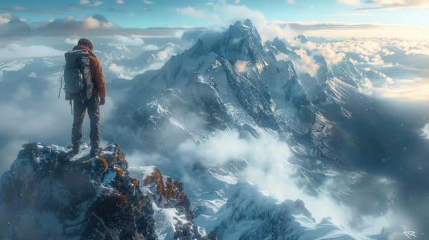 A brave climber stands triumphantly atop a stunning snowy peak, surrounded by breathtaking mountain scenery and beauty
