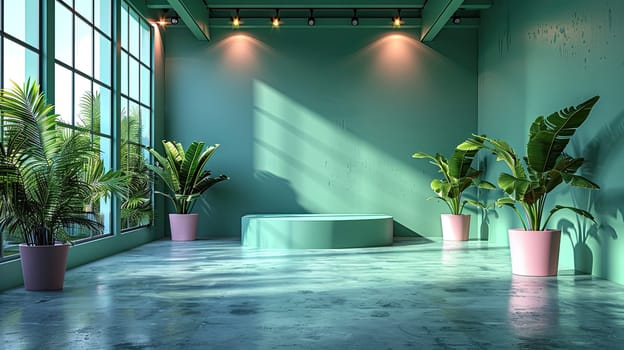 A chic turquoise room with lush plants and ample natural light, creating a fresh and inviting atmosphere