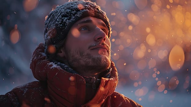 A man is gazing up at the falling snow while surrounded by warm glowing lights in a beautiful winter wonderland