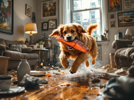 Golden retriever dog running fast in a messy living room holding an orange chew toy in its mouth. Ai generated