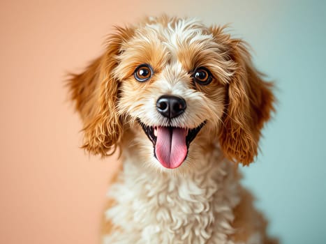 Studio portrait of a cute cavapoo puppy sticking out its tongue and smiling on a colorful background. Ai generated