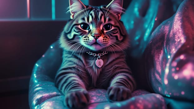 A cat is sitting on a chair with a silver chain around its neck. The cat has a silver tag on its collar