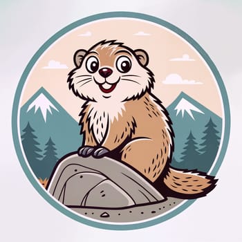 A cheerful cartoon logo of a marmot sitting on a rock with a backdrop of mountains and trees under a clear sky, radiating a playful vibe and nature's beauty - Generative AI