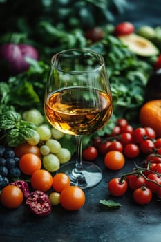 A glass of wine and light vegetable snacks on the table. We offer snacks at a friendly party.