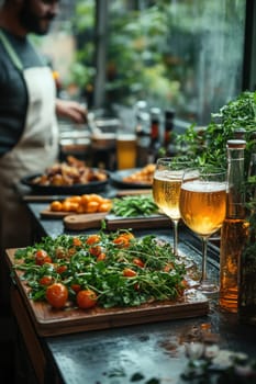 A glass of wine and light vegetable snacks on the table. We offer snacks at a friendly party.