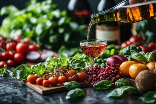 A glass of wine and light vegetable snacks on the table. We offer snacks at a friendly party.
