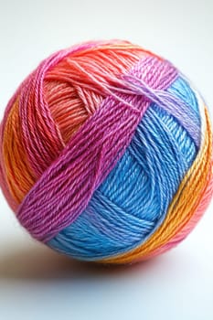 A multicolored ball of wool yarn standing out against a white background.