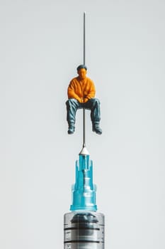 The addict is on the needle. A man on a medical syringe with a needle on a white background. The concept of combating drugs.