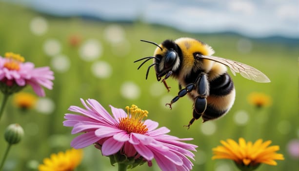 A bee is flying over a field of flowers. The flowers are pink and yellow. The bee is in the air, and the flowers are on the ground