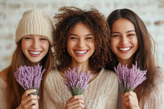 A banner dedicated to International Women's Day. A group of girls symbolizing a women's holiday. There is a background with flowers around.