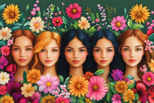 A banner dedicated to International Women's Day. A group of girls symbolizing a women's holiday. There is a background with flowers around. Illustration.