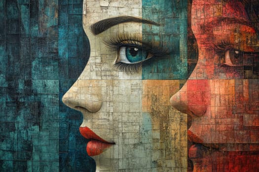 The faces of young women in the style of acrylic painting. Ideal for printing on fabric or paper, posters or wallpaper, for home decoration. Illustration.
