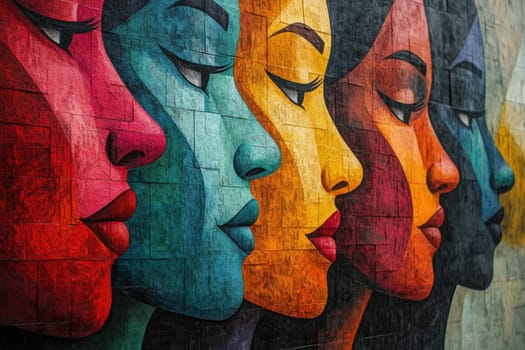 The faces of young women in the style of acrylic painting. Ideal for printing on fabric or paper, posters or wallpaper, for home decoration. Illustration.