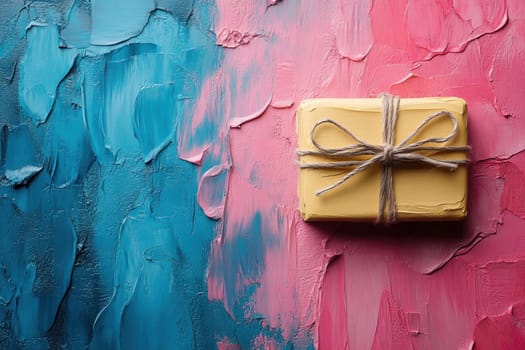 One bright gift on a multicolored background. A gift box with a ribbon on an abstract background. International Day on March 8th. Illustration.