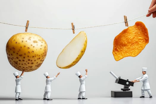Creative food art concept featuring miniature chefs working with slices of potatoes.