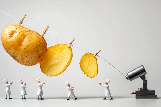 Creative food art concept featuring miniature chefs working with slices of potatoes.