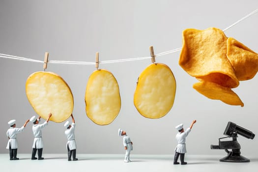 Creative food art concept featuring miniature chefs working with slices of potatoes.