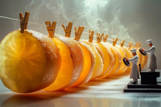 Creative food art concept featuring miniature chefs working with slices of potatoes.