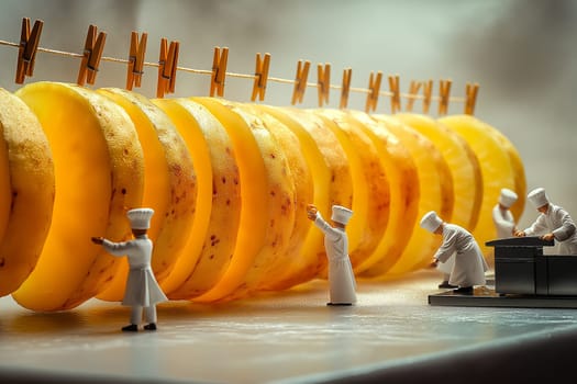 Creative food art concept featuring miniature chefs working with slices of potatoes.