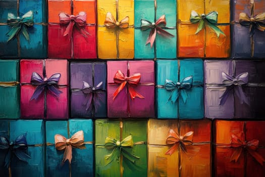 Colorful gift boxes on a multicolored background. International Day on March 8th.