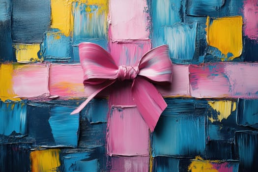 A bright gift box with a ribbon on an abstract background. International Day on March 8th. Illustration.