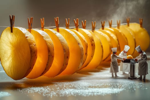 Creative food art concept featuring miniature chefs working with slices of potatoes.
