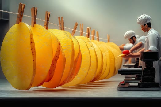 Creative food art concept featuring miniature chefs working with slices of potatoes.