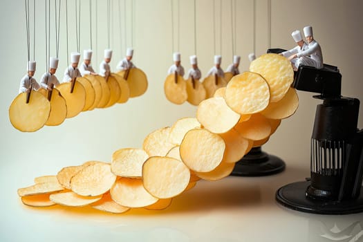 Creative food art concept featuring miniature chefs working with slices of potatoes.