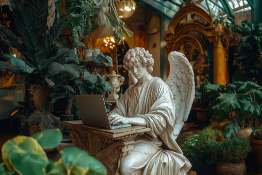 Angel statue sits at a desk with a modern laptop, surrounded by greenery and natural light. Perfect for themes of spirituality, work-life balance, and creative inspiration in a contemporary setting.