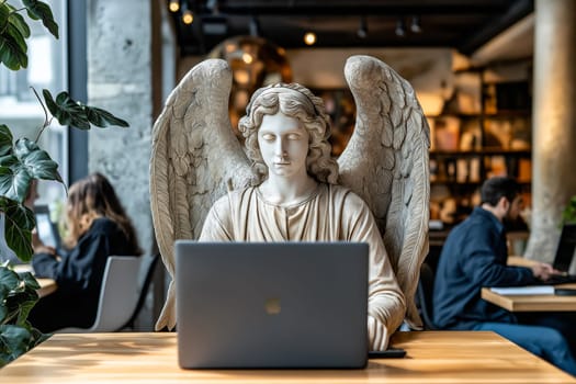 Angel statue sits at a desk with a modern laptop, surrounded by greenery and natural light. Perfect for themes of spirituality, work-life balance, and creative inspiration in a contemporary setting.