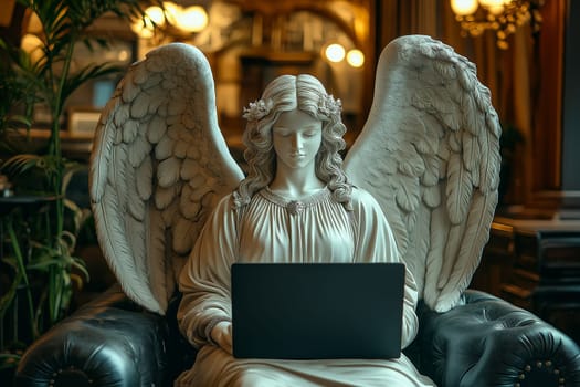 Angel statue sits at a desk with a modern laptop, surrounded by greenery and natural light. Perfect for themes of spirituality, work-life balance, and creative inspiration in a contemporary setting.