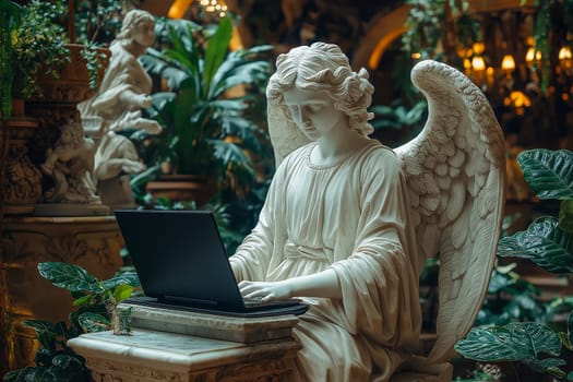 Angel statue sits at a desk with a modern laptop, surrounded by greenery and natural light. Perfect for themes of spirituality, work-life balance, and creative inspiration in a contemporary setting.