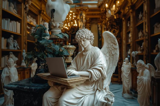 Angel statue sits at a desk with a modern laptop, surrounded by greenery and natural light. Perfect for themes of spirituality, work-life balance, and creative inspiration in a contemporary setting.