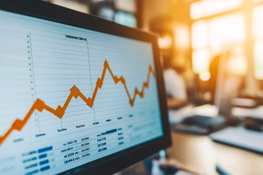 Planning, goal and challenge strategy in new year 2025. Laptop with digital graphs and upward trend lines indicating business growth projections for the year 2025.