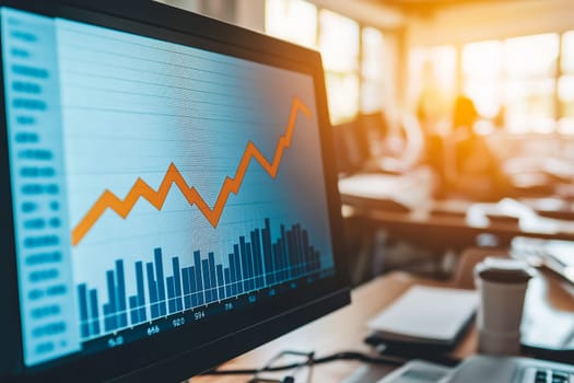 Planning, goal and challenge strategy in new year 2025. Laptop with digital graphs and upward trend lines indicating business growth projections for the year 2025.