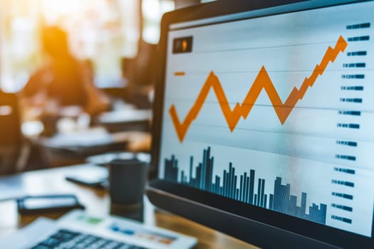 Planning, goal and challenge strategy in new year 2025. Laptop with digital graphs and upward trend lines indicating business growth projections for the year 2025.