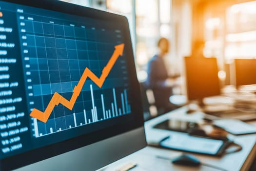 Planning, goal and challenge strategy in new year 2025. Laptop with digital graphs and upward trend lines indicating business growth projections for the year 2025.
