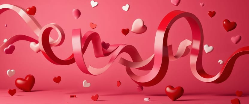 A red ribbon with pink hearts is shown in the air. The ribbon is long and red, and the hearts are scattered all over it. Concept of celebration and love, as the ribbon