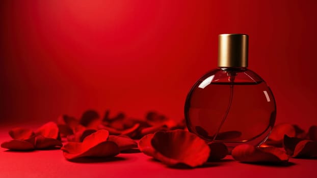 A bottle of perfume is on a red background with red petals. The perfume bottle is the main focus of the image