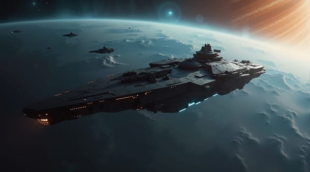 A large space ship is flying through space with a planet in the background. The ship is surrounded by a lot of stars and the planet is a large, bright yellow object. Scene is one of adventure