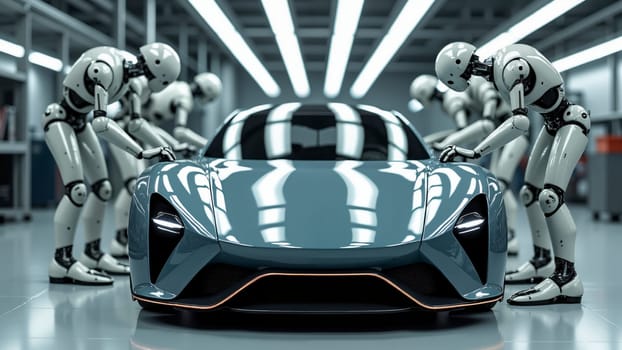 A group of robots are working on a car in a factory. The car is a sleek, modern design with a metallic finish. The robots are focused on their task, and the scene gives off a sense of precision