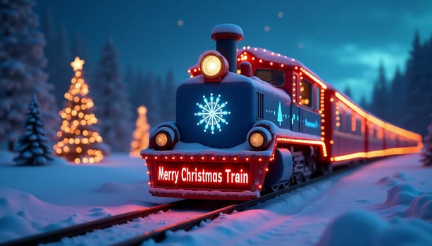 A train with lights on it is traveling through the night