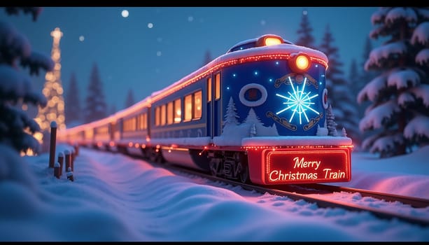 A train with lights on it is traveling through the night