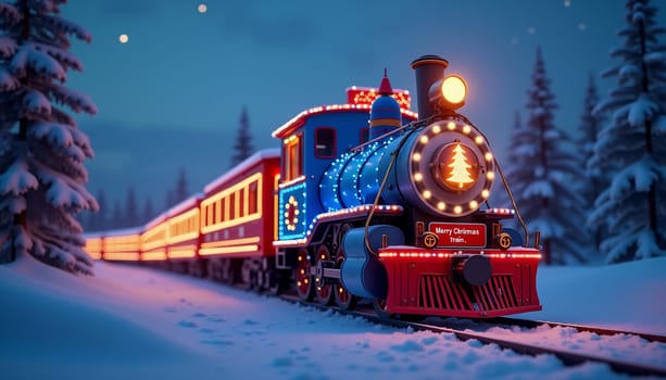 A train with lights on it is traveling through the night