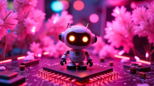 A robot is standing on a computer chip. The robot is surrounded by pink flowers. The robot is wearing a white hat and has a red light on its head. The scene is colorful and playful