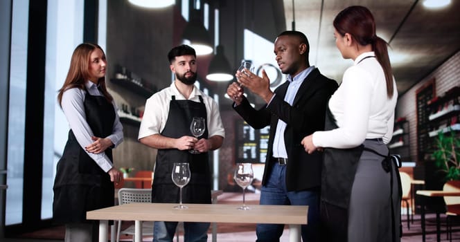 Hotel Manager Teach Restaurant Team Hygiene. Waitress And Waiter Staff