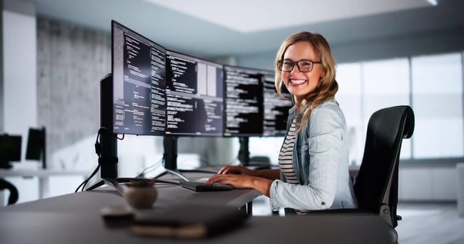 Software Programmer Or Coder Woman Using Office Computer