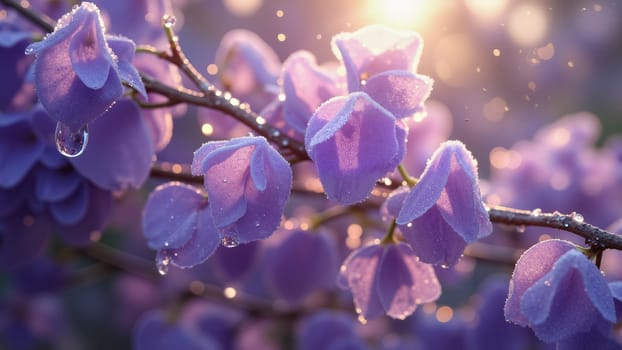 A branch of purple flowers with dew drops on them. The flowers are in the sun, and the dew is glistening on them. Concept of freshness and beauty, as the flowers are in bloom