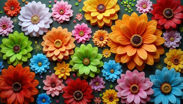 A colorful bouquet of flowers with a variety of colors including pink, yellow, and green. The flowers are arranged in a way that creates a sense of harmony and balance. Scene is cheerful and uplifting